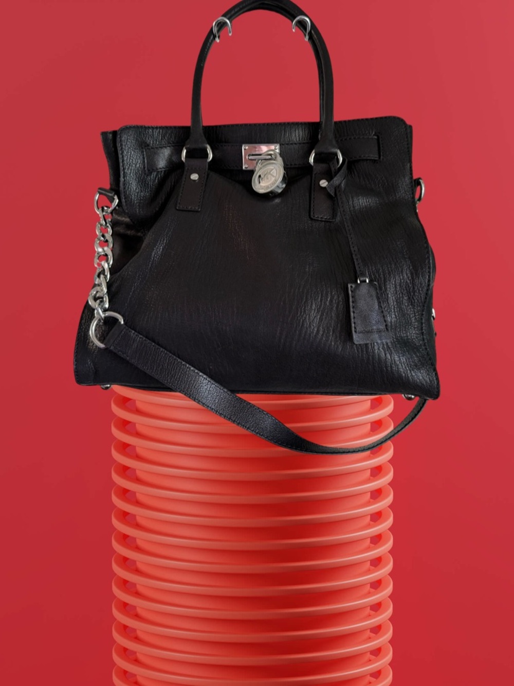 Michael Kors Hamilton Black Large Leather Tote with Crossbody Chain Strap
